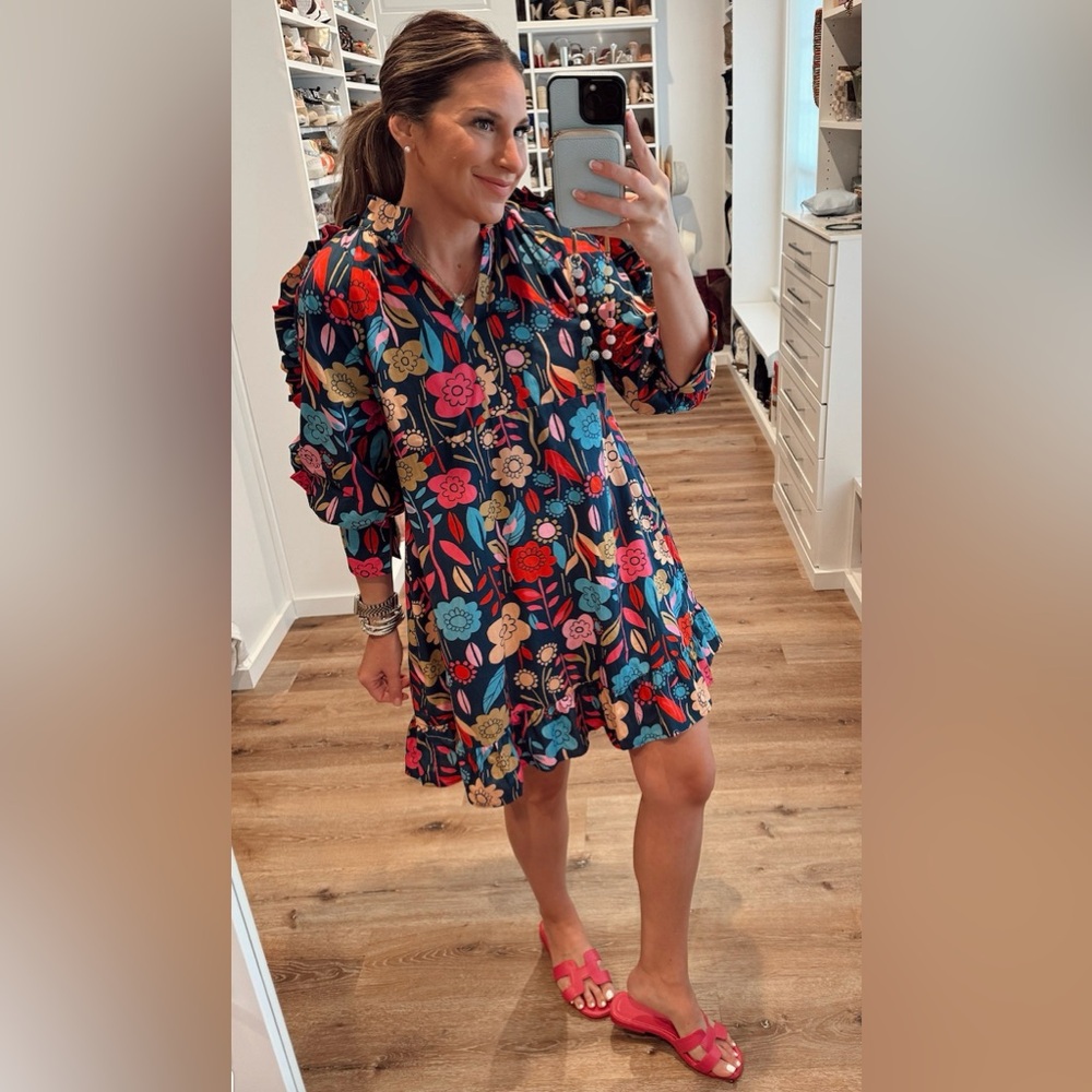 Floral Long Sleeve Swing Dress - Navy Multicolor